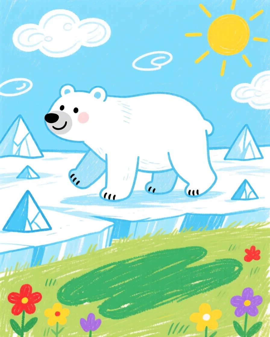 A polar bear walking across an icy landscape on a wide open grassy plain.