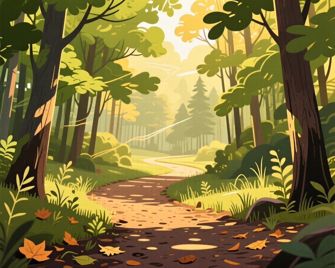 A dense forest path dappled with golden sunlight, with gentle wind rippling across the landscape, arranged with a clear foreground, midground, and background, with a fresh, crisp clarity that highlights every detail.