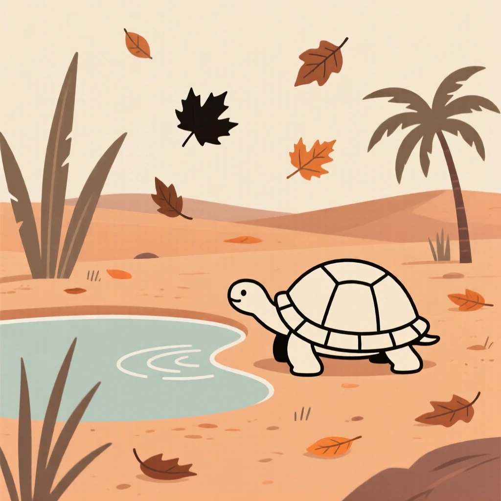 A curious tortoise pausing in a desert oasis, with scattered autumn leaves in the background, radiating quiet tenderness.