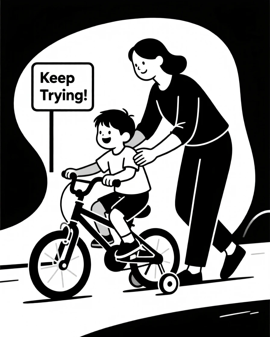 A child learning to ride a bicycle with a parent's help.