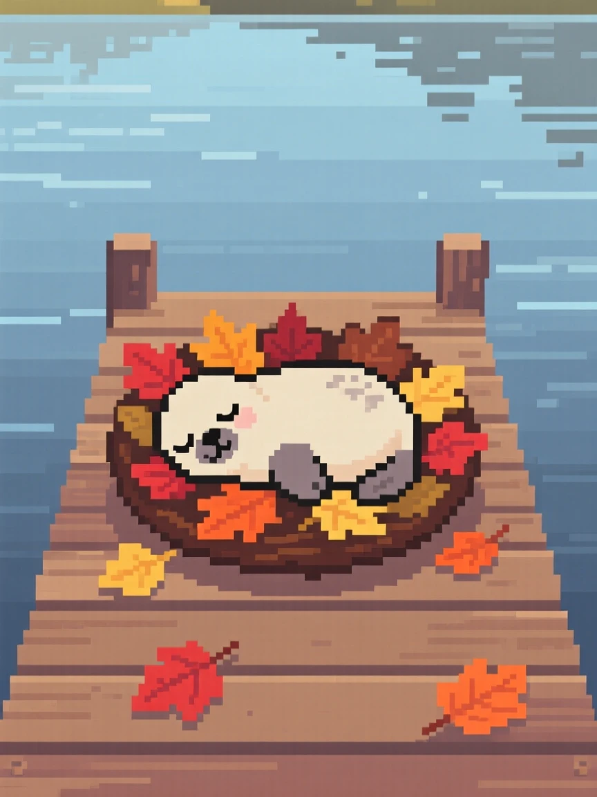 A baby seal asleep in a nest of autumn leaves, on a wooden dock over a still lake.