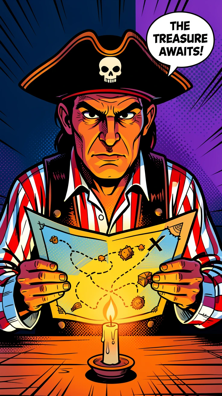 A pirate captain studying a treasure map by candlelight
