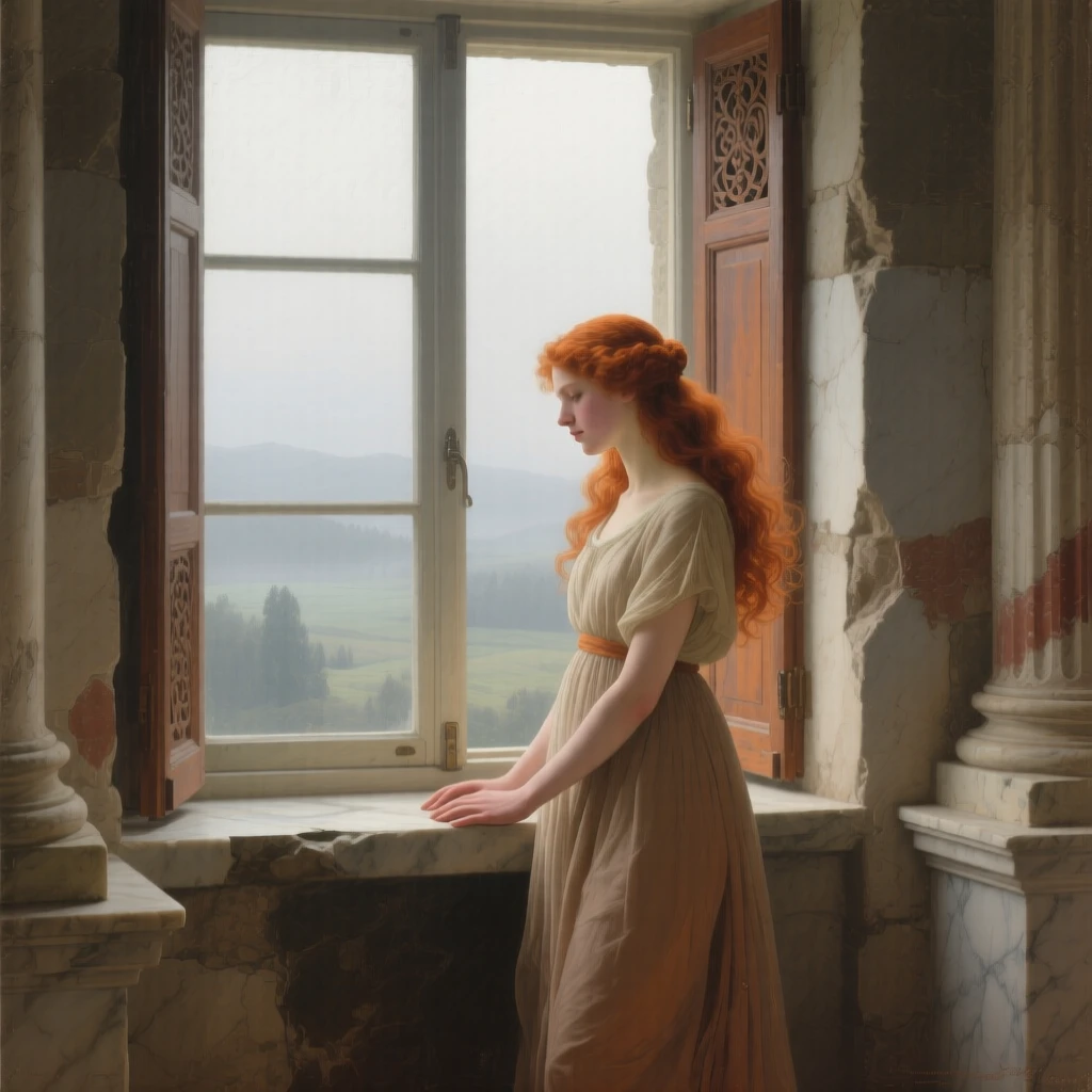 A medium shot of a young woman with flowing auburn hair standing by an open window, in antiquity, in thick fog.