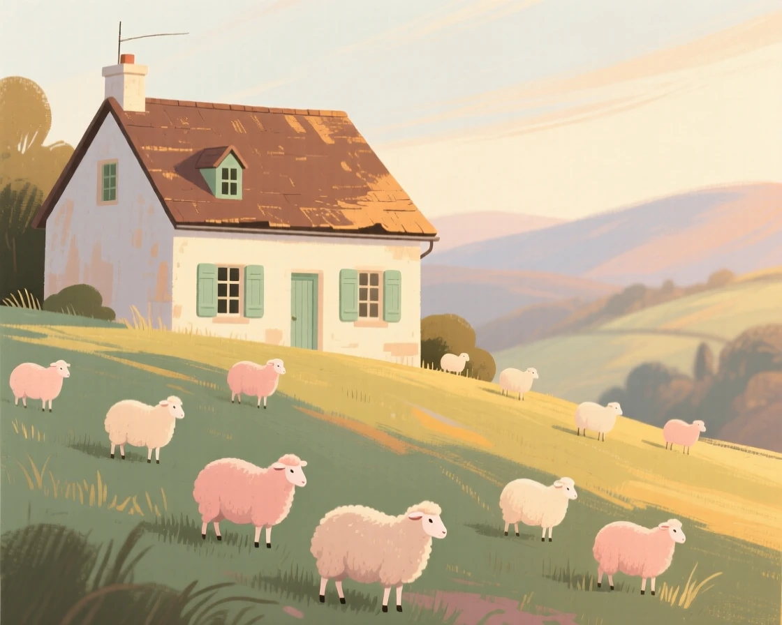 A shepherd's cottage on a hillside surrounded by grazing sheep