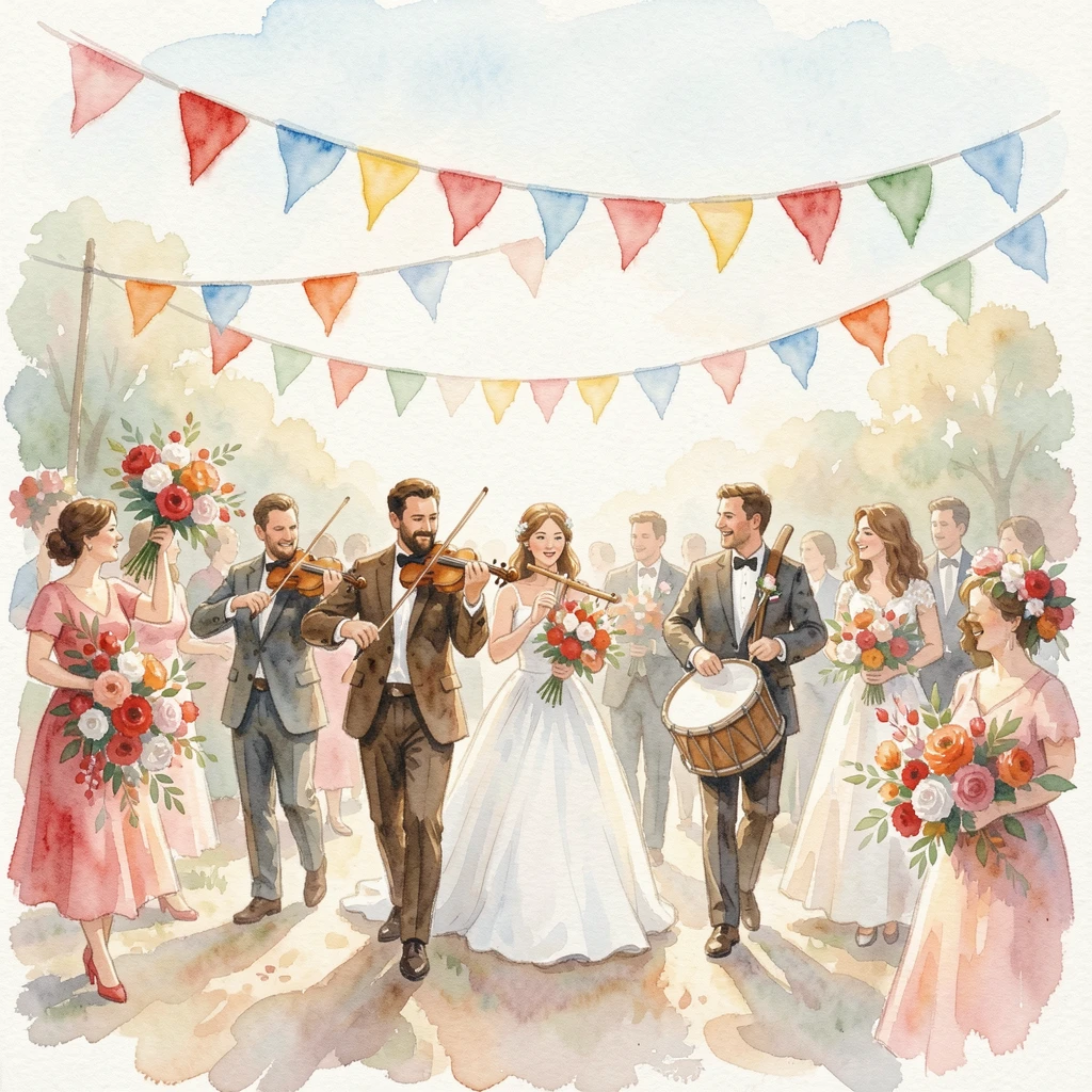 A traditional wedding procession with musicians and flowers under strings of colorful festival flags.