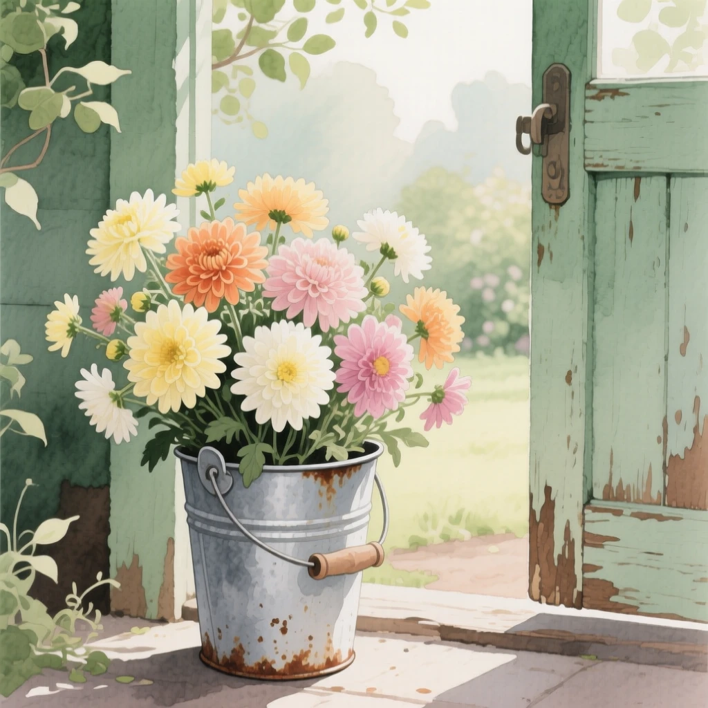 A bouquet of chrysanthemums in soft, layered tones fills a rustic tin bucket beside an open garden door, petals catching the gentle light