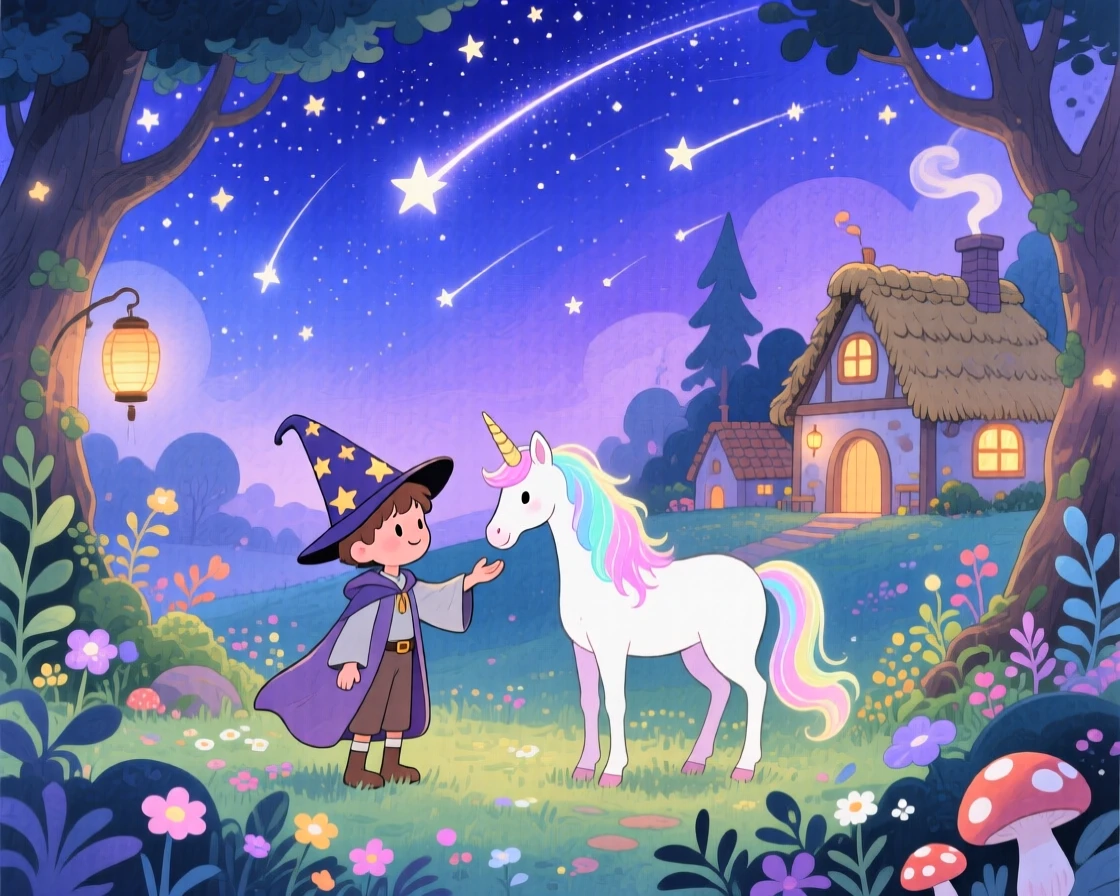 A young wizard apprentice befriending a shy unicorn in an enchanted glade, in a sky full of shooting stars over a fantasy village, brimming with enchantment and discovery.