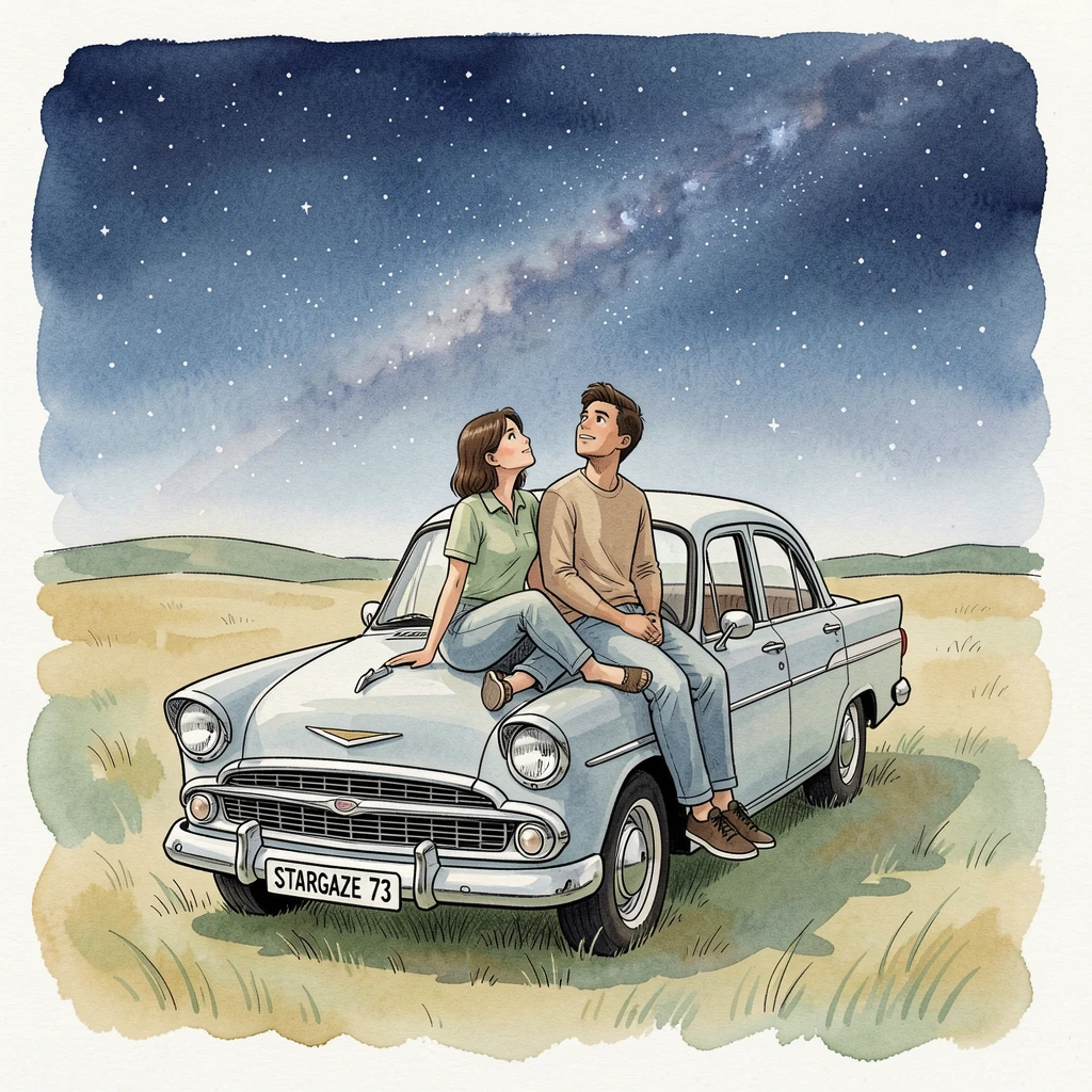 A couple stargazing from the hood of a car parked in an open field under a clear night sky