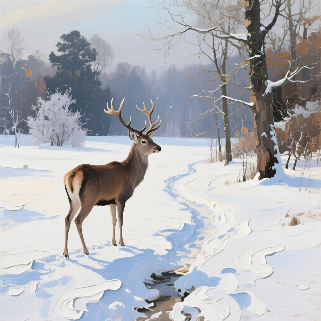 a deer standing at the edge of a quiet clearing, on a still winter afternoon, composed along a natural leading line.