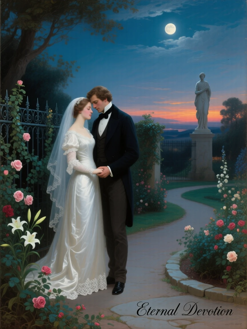 A bride and groom share a quiet moment beside a moonlit garden path as the last light of day fades.