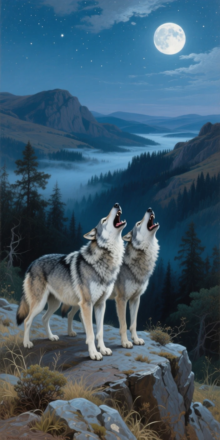 A pair of wolves howling together atop a moonlit ridge, framed against a vast and dramatic natural backdrop, offering a striking, emotionally resonant wildlife portrait
