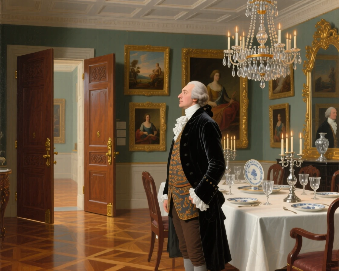 A wealthy patron admiring paintings in his private gallery just before the grand doors are thrown open, set in an opulent dining hall set with silver and crystal, with a grand chandelier casting warm light over polished parquet; a mirror in the background subtly doubles the scene's elegance, radiating celebration, elegance, and social grace.