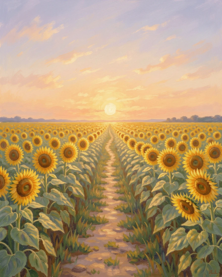 A sunflower field stretching to the horizon, heads turned toward a setting sun, a narrow dirt path cutting through the middle.
