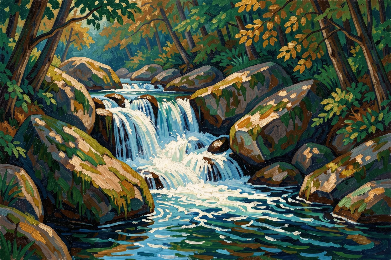 A quiet forest waterfall cascading over mossy boulders into a clear pool.