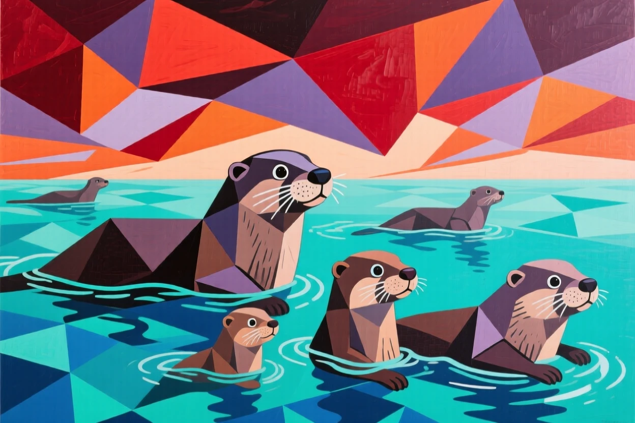 A striking view of a family of otters gliding through calm turquoise waters beneath a dramatic sky.