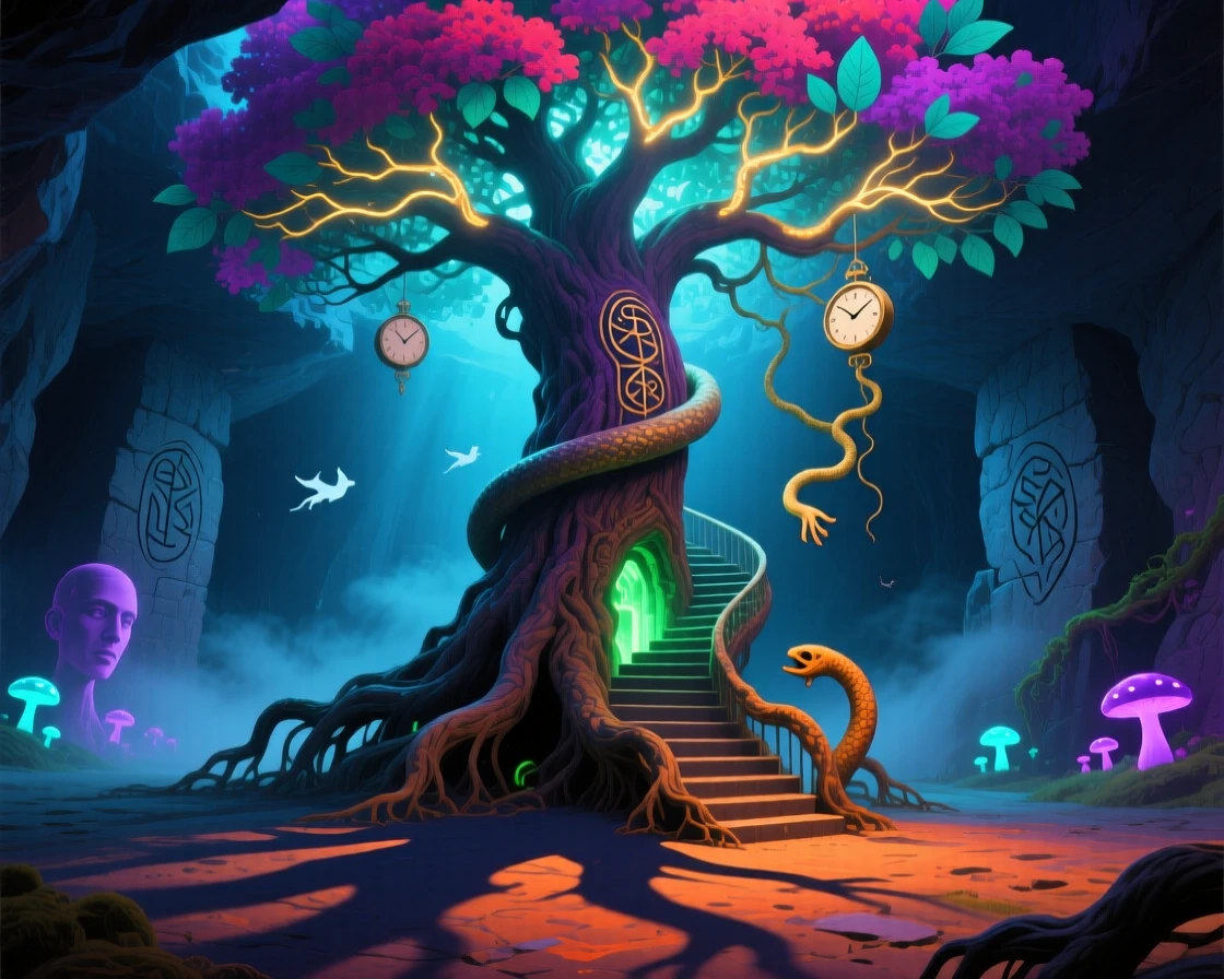 A tree whose roots form a staircase leading underground sways gently though no wind can be felt, as its shadow stretches into unexpected, curling shapes.