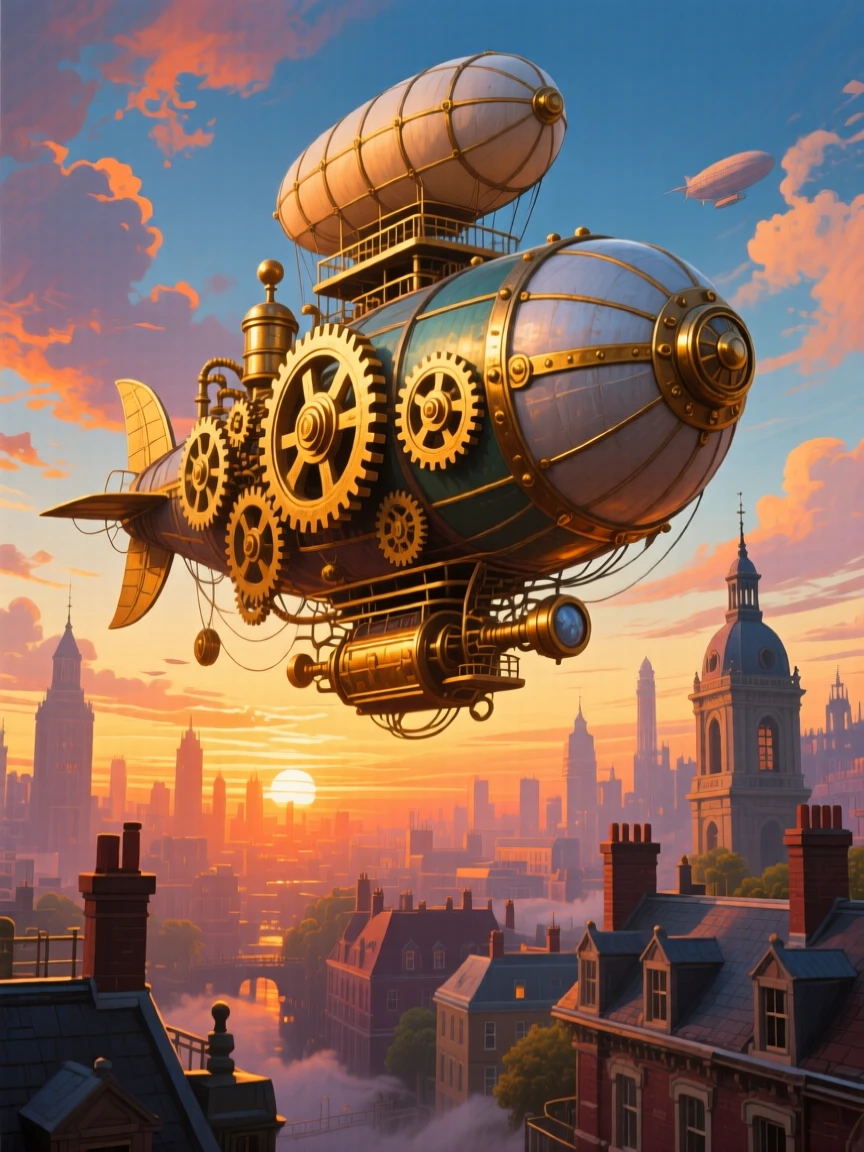 A steampunk airship drifting above a Victorian city skyline at sunset, brass gears gleaming