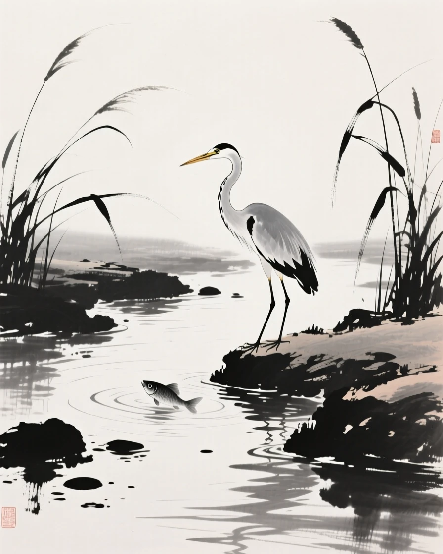 A heron stands poised to strike at fish in a shallow stream, while reeds bend gently in the breeze.