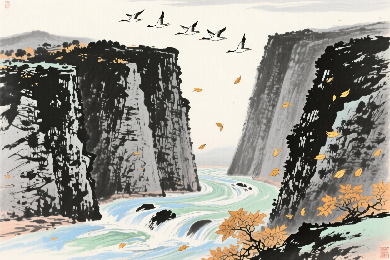 A deep gorge with sheer rock walls and a rushing river below, where wild geese fly in formation overhead, as autumn leaves turn golden.