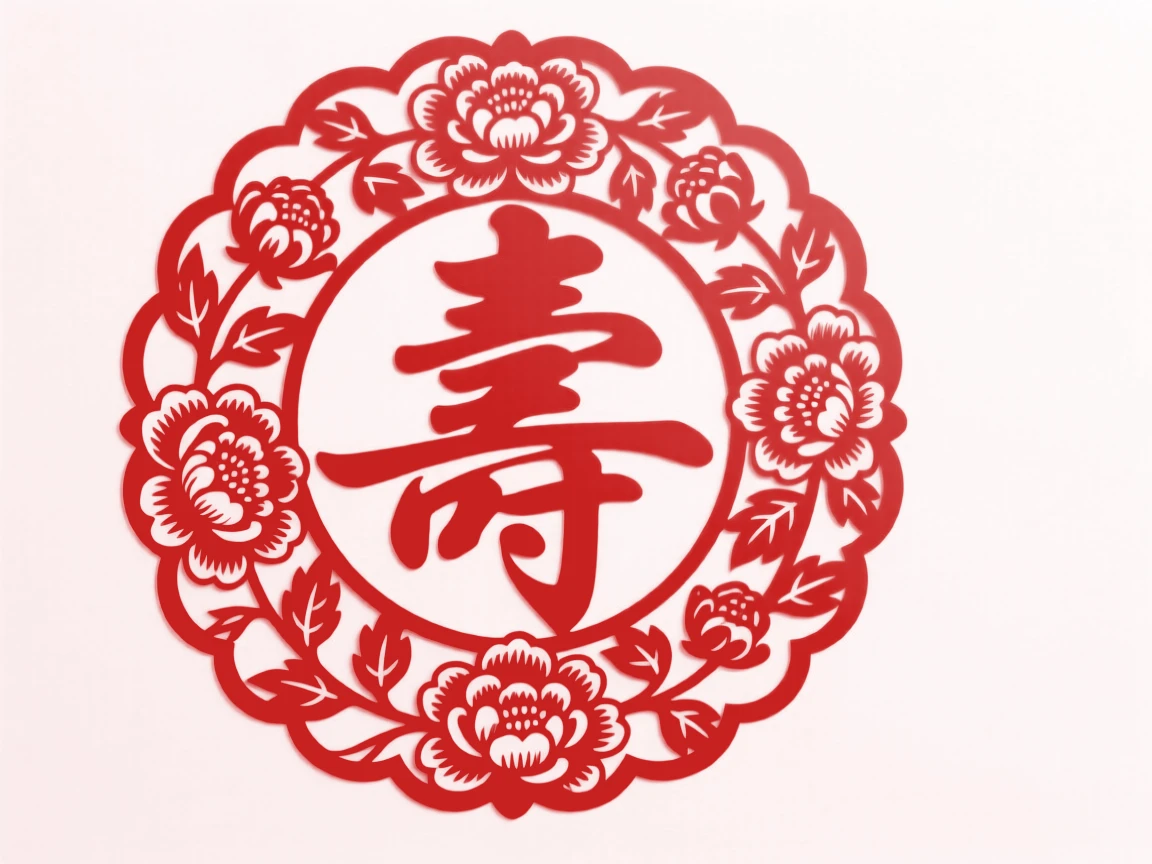 A peony wreath encircling a shou character, arranged within a circular medallion, representing harmony between heaven and earth.