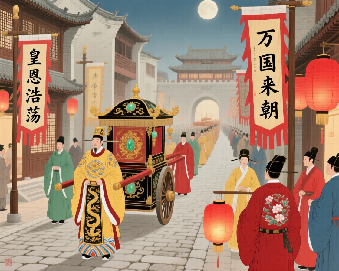 An emperor's procession winding through a city lined with banners, with lanterns lighting the path ahead