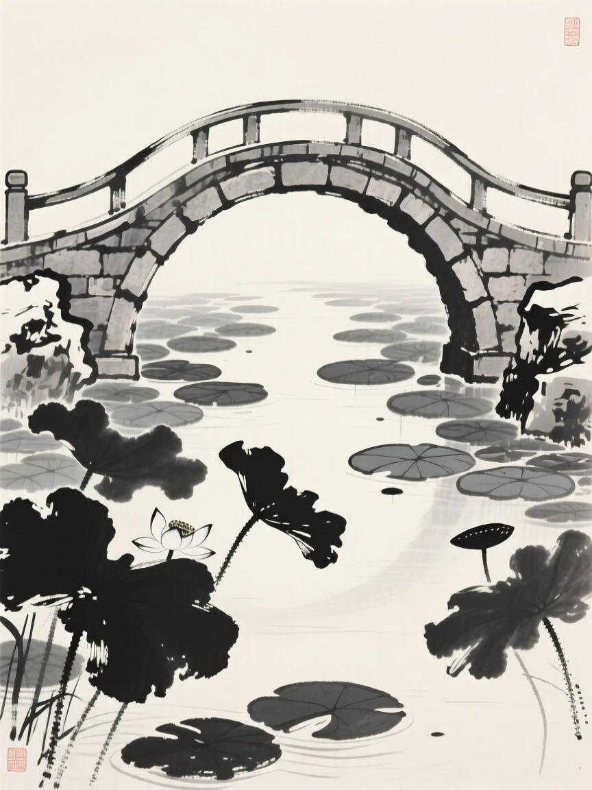 A stone garden bridge arching over a bed of still lotus leaves, framed symmetrically along a central path, suggesting timeless craftsmanship and peaceful tradition.