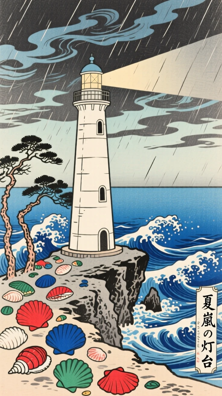 A lighthouse on a stony point near a scatter of colorful shells, during a summer storm.