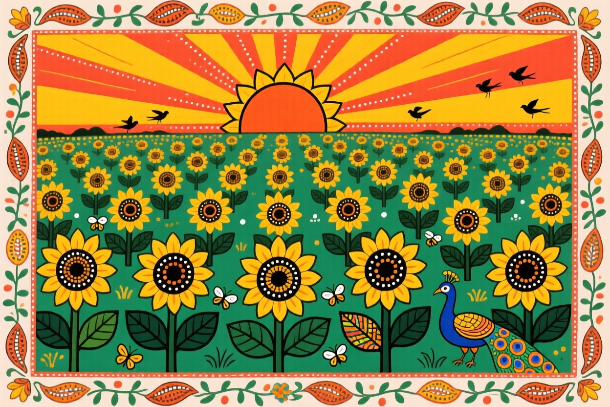 A field of sunflowers turning together to face the rising sun.