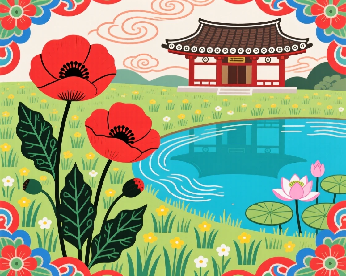 Poppies swaying in a meadow beside a quiet temple pond.