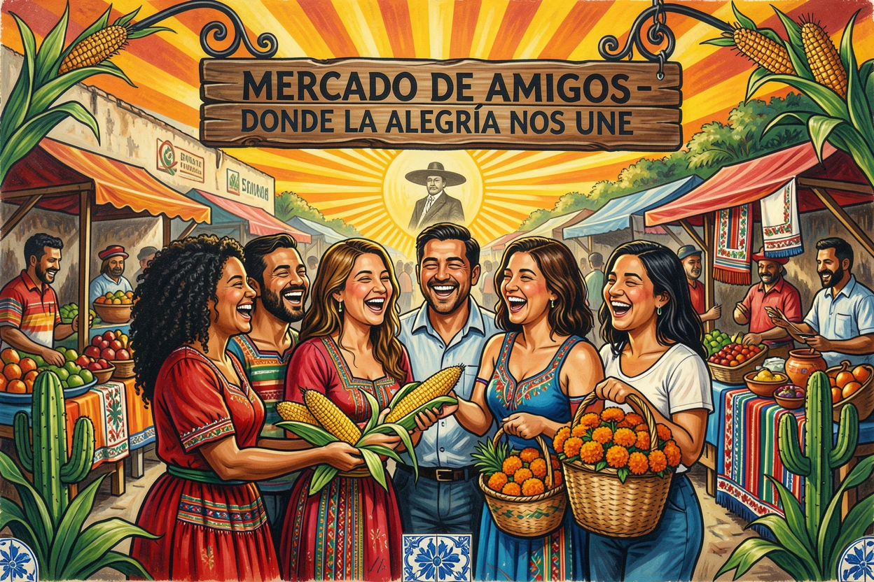 A group of friends laughing together at an outdoor market