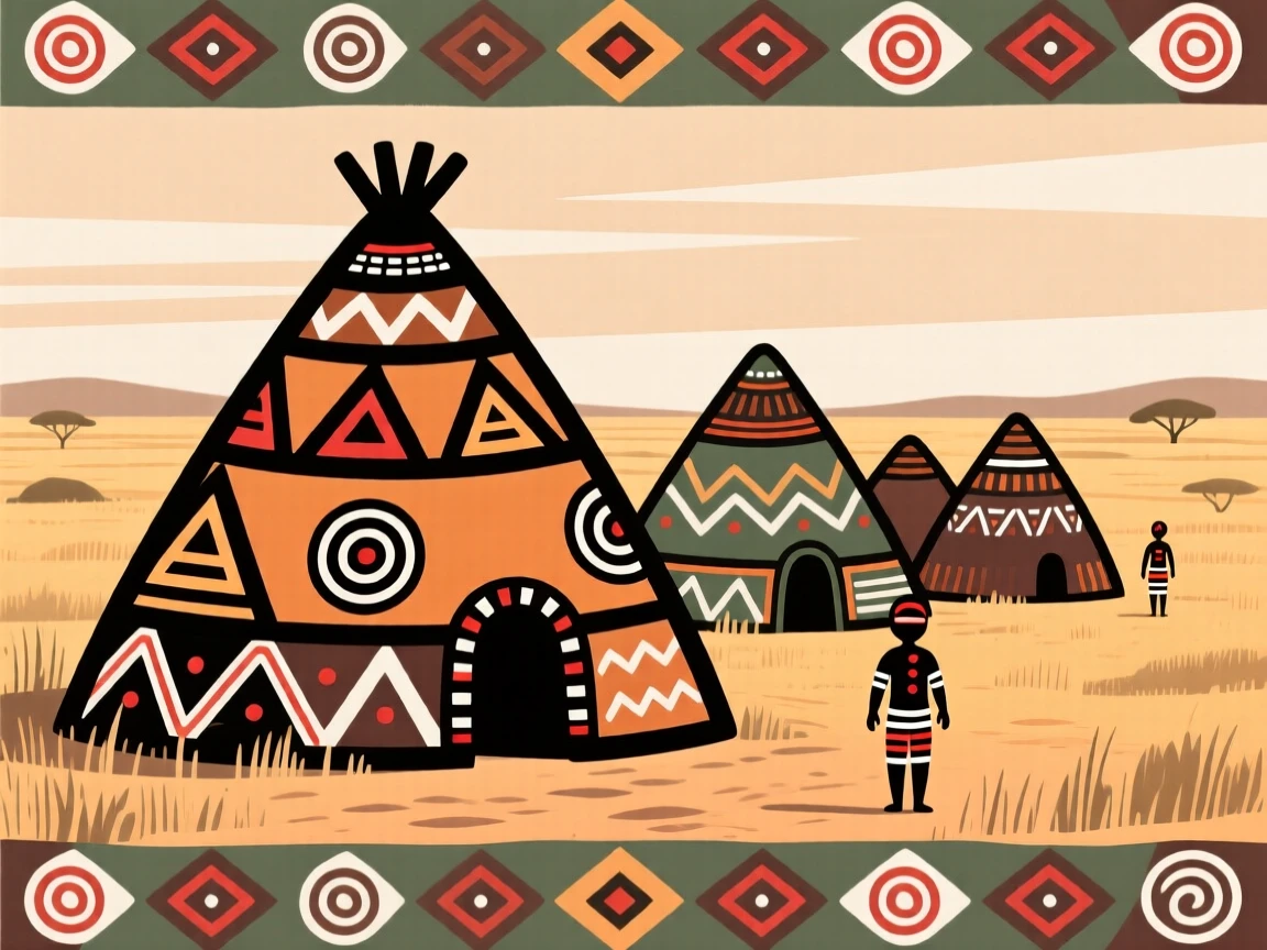 A beehive-shaped hut village standing at the edge of a wide savanna.