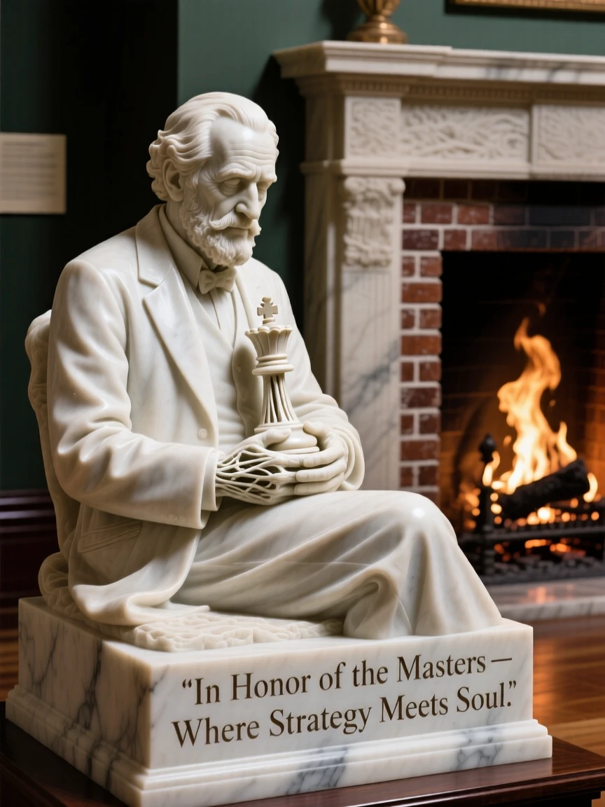 A tender portrait of a chess grandmaster, cradling something precious close to their chest, beside a crackling fireplace, evoking warmth and humanity
