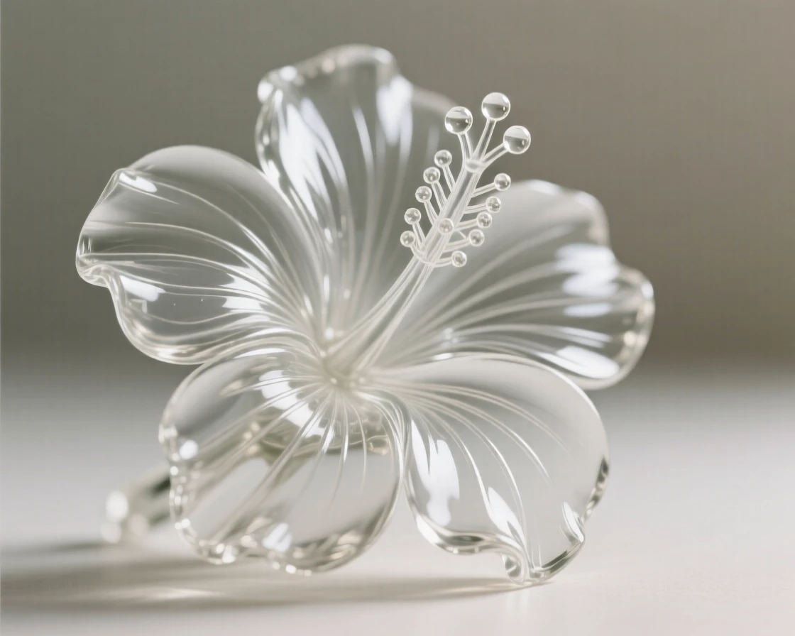 A macro close-up of a single hibiscus flower, every delicate detail in sharp focus, muted background, conveying delicate beauty and serenity.