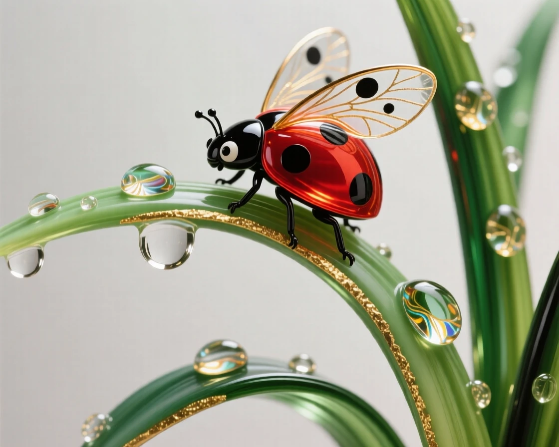 A tiny ladybug crawling along a blade of grass with dew drops, delicate and simple.