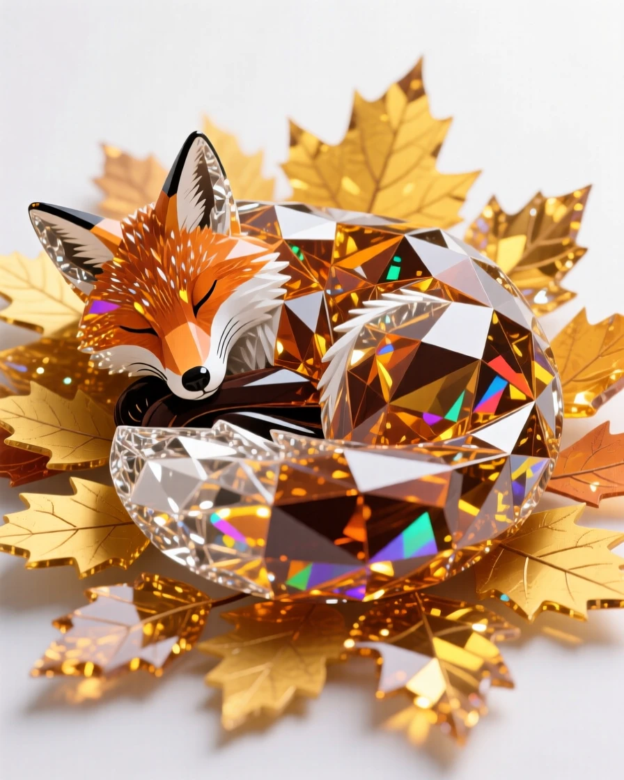 A fox curled asleep in a bed of golden autumn leaves.