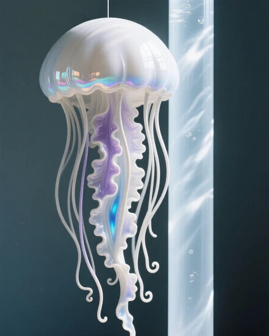 A jellyfish drifting with trailing tendrils suspended in a shaft of filtered sunlight, with light rippling across its skin, capturing a fleeting moment of underwater grace.