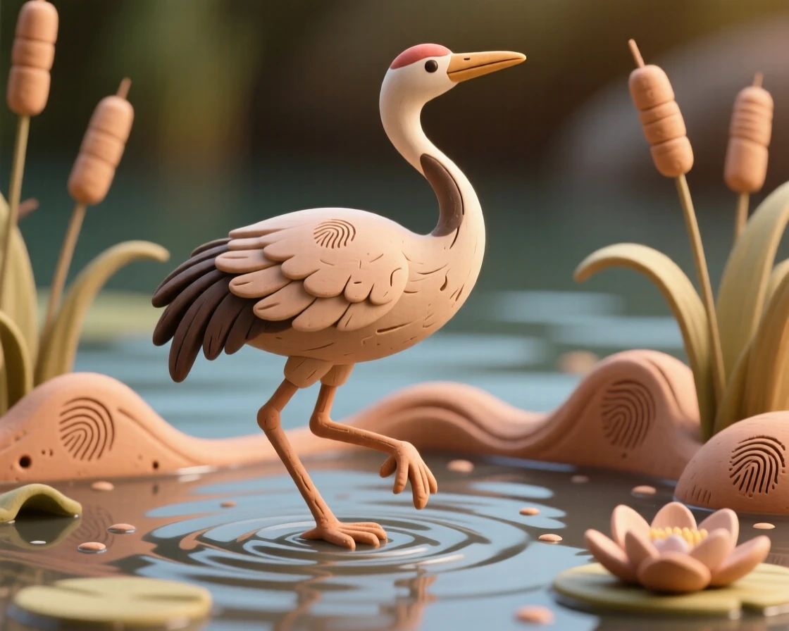 A crane performing an elegant courtship dance in a wetland