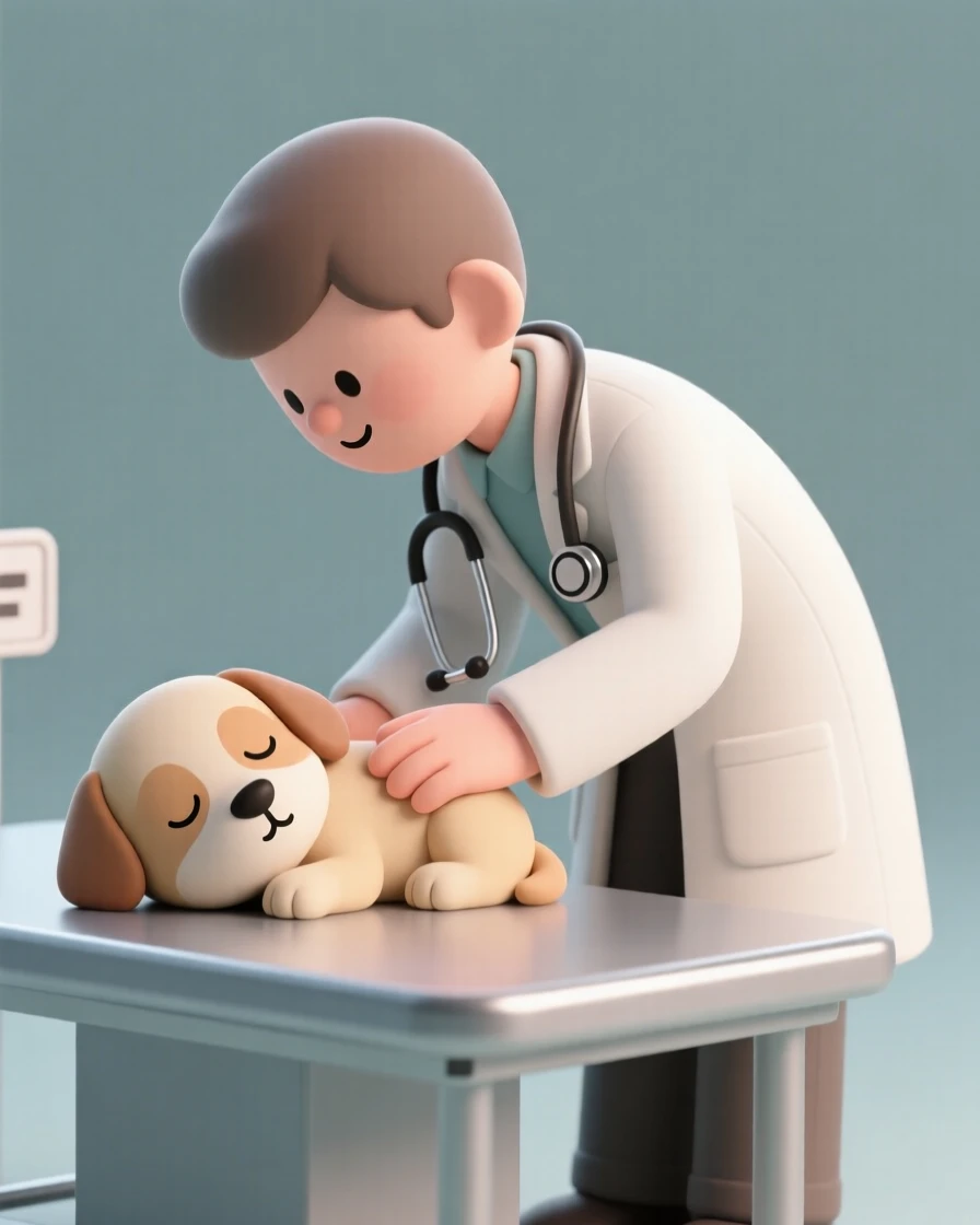 A gentle veterinarian gently examines a sleepy puppy on a clean exam table, stethoscope pressed to its tiny chest.