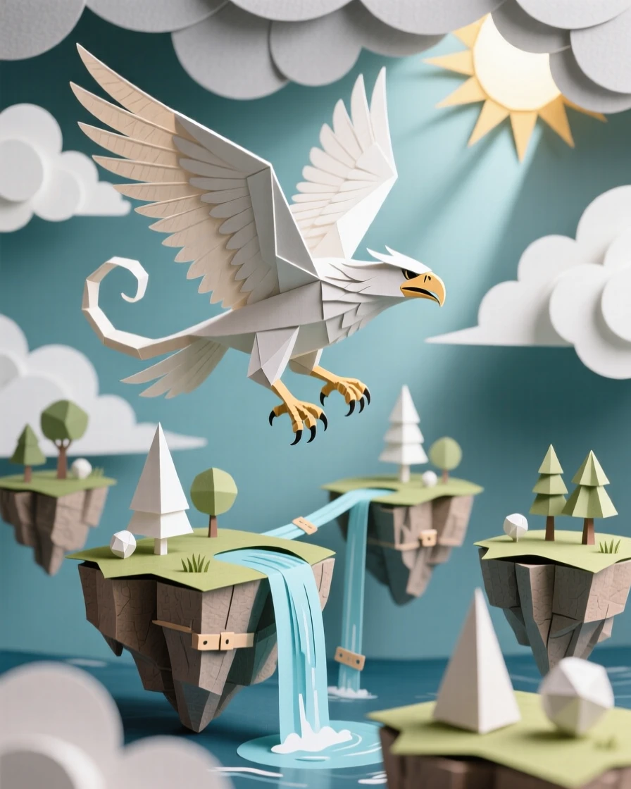 A griffin soaring above a floating archipelago of islands connected by waterfalls, sunlight breaking through clouds below, evoking freedom and majestic scale.
