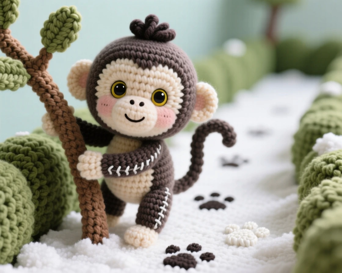 a round baby capuchin monkey, with a tuft of dark fur on its head, clinging to a low branch with curious eyes, set in a quiet garden path lined with hedges, with a trail of small paw prints in the snow, evoking a tender, sleepy softness.