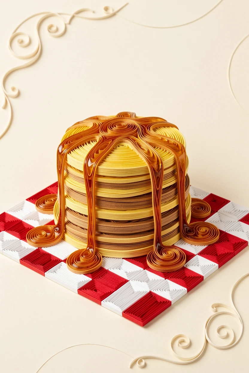 a stack of golden pancakes drizzled with maple syrup, on a checkered picnic blanket in a park, composed with a clean, minimal negative space background, with soft golden light highlighting every texture.