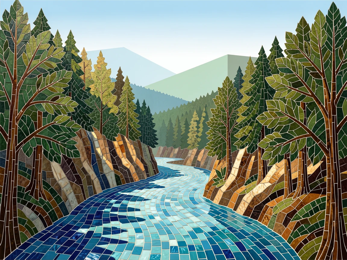 A winding river cutting through a deep forested gorge.