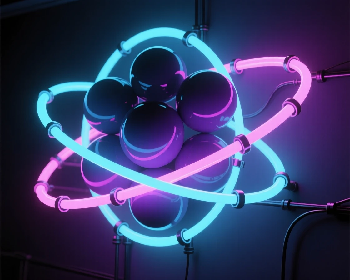 A cluster of spheres arranged in an orbiting geometric pattern.