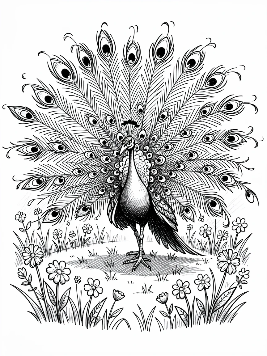 A peacock displaying its feathers in a valley full of flowers.