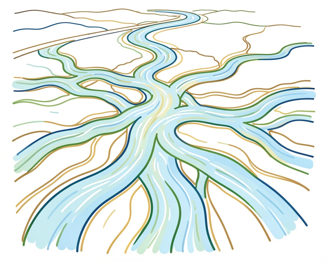 A wide river delta seen from above, braided channels glinting in the sun.