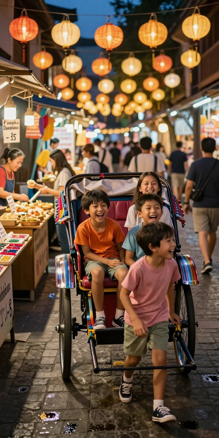 A rickshaw carries giggling children through a lantern-lit night market alley.