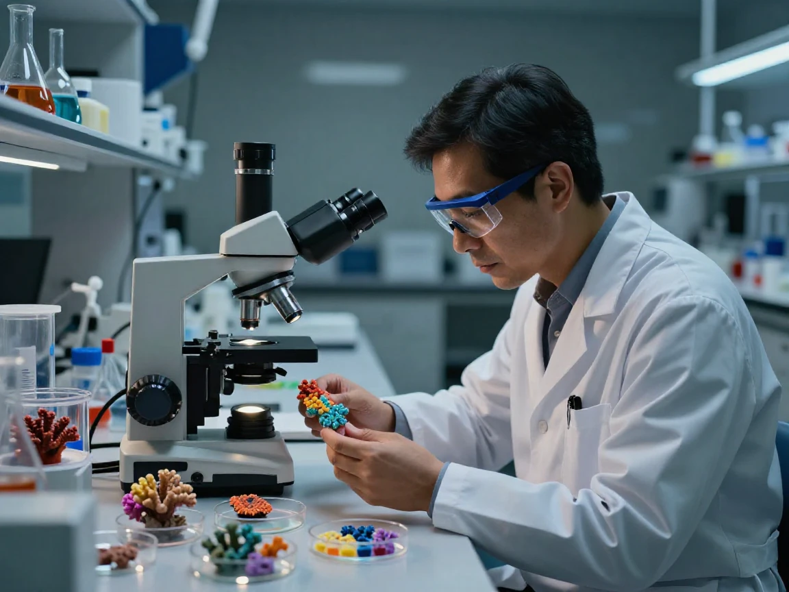 A scientist studying colorful coral samples under a microscope in a lab