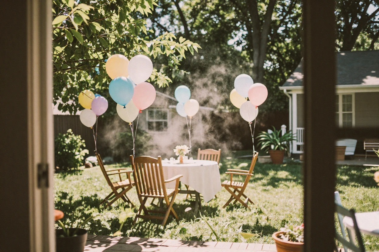 A backyard birthday party with balloons tied to garden chairs, under harsh midday sun, as mist rises off the ground, in the height of summer, with a soft sepia-tinted glow, framed through an open doorway.