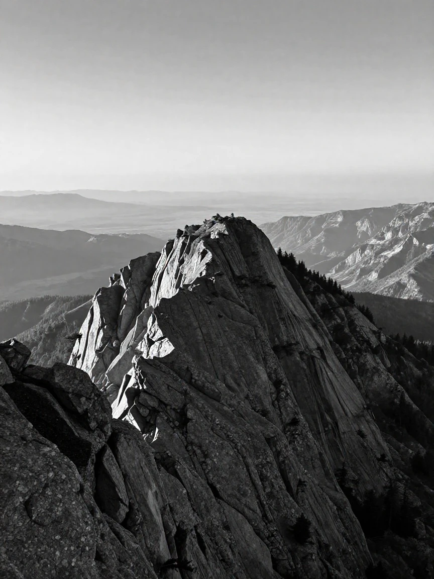 A rocky mountain summit towers silently over a distant valley above the tree line.