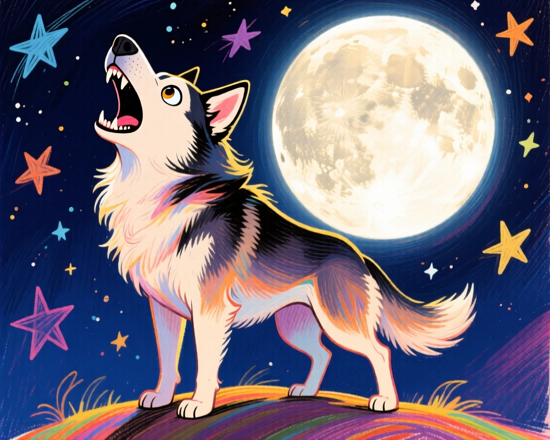 A proud husky howling at the moon, silhouetted against a starry sky.